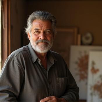 Retrato artístico de Mateo Pineda, el artista, en su estudio, con luz natural entrando por una ventana.