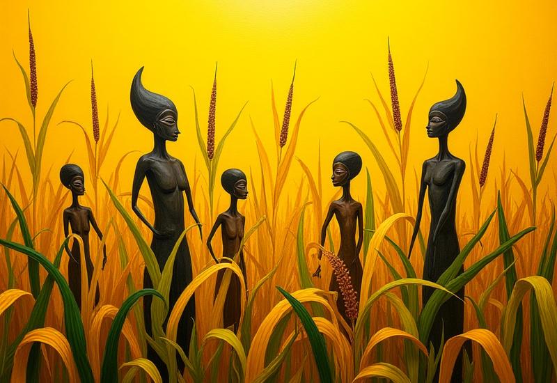 Obra principal 'Hijos del Maíz' de Mateo Pineda, mostrando un campo de maíz estilizado con figuras humanas que emergen de la tierra.