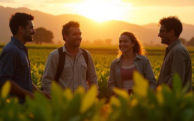 Fundadores de Mictlan Mornings con caficultores oaxaqueños en un cafetal al atardecer.