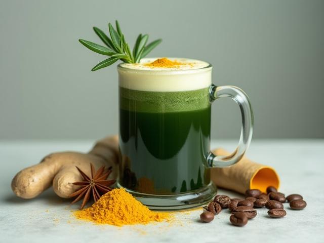 Taza de café verde oscuro con hierbas y especias, evocando bienestar.