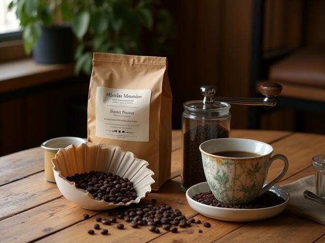 Kit de café de especialidad para preparar en casa: granos, molinillo y prensa francesa sobre una mesa de madera.