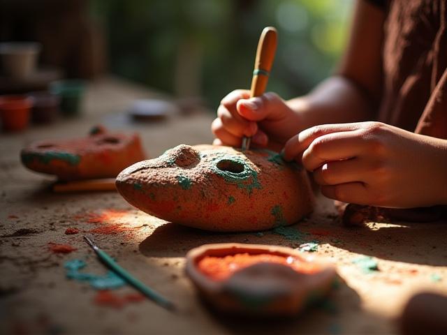 Persona pintando una máscara de nahual en un taller