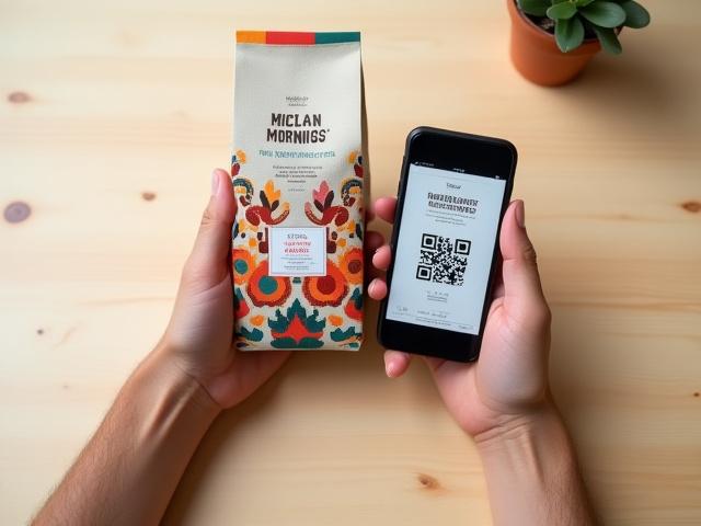 Mano sosteniendo un empaque de café de Mictlan Mornings con un código QR, simulando escaneo.