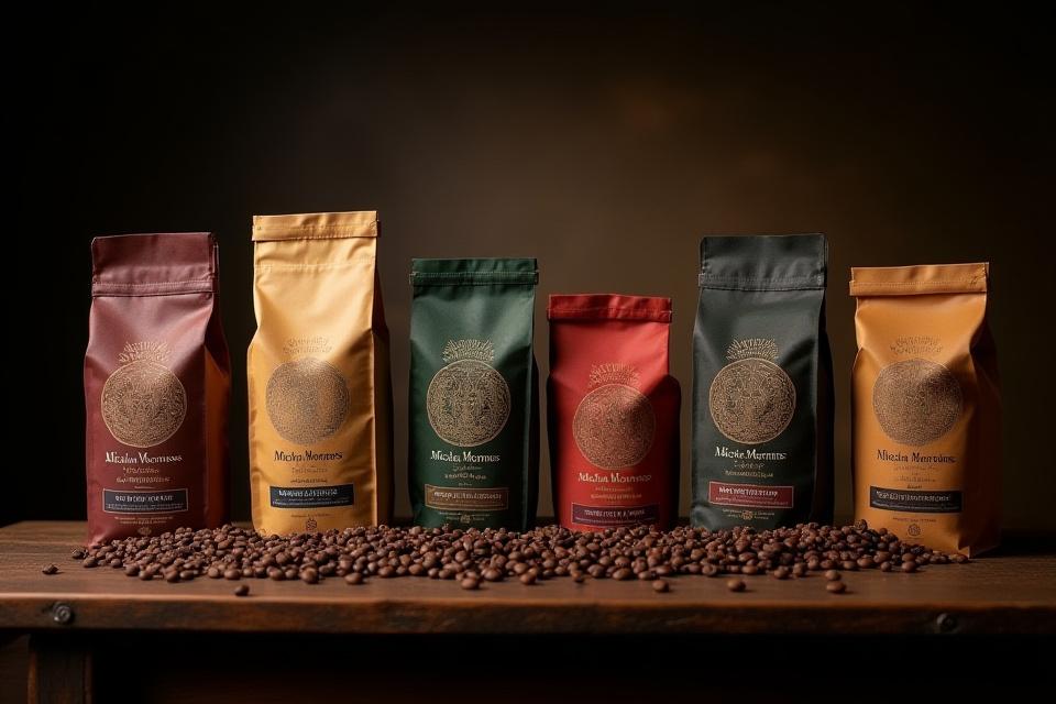 Variedad de empaques de café de Mictlan Mornings con diferentes orígenes, bellamente dispuestos.