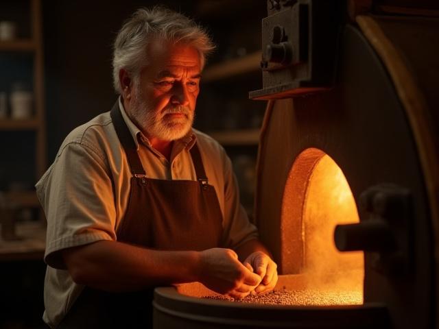 Retrato de nuestro maestro tostador, Don Ricardo, en el tostador de café.